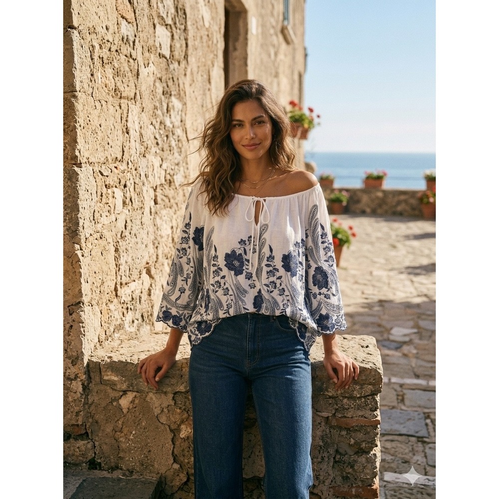 M MADE IN ITALY Embroidered anya combo top navy White Floral Women M Oversized